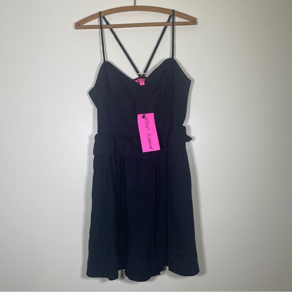 Betsey Johnson Mini Black Sundress L Spaghetti Straps Ruffles Low Cut Stretch